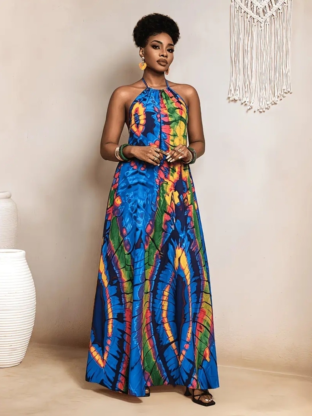 Blue Multicolor Halter Tie-Dye Maxi Dress